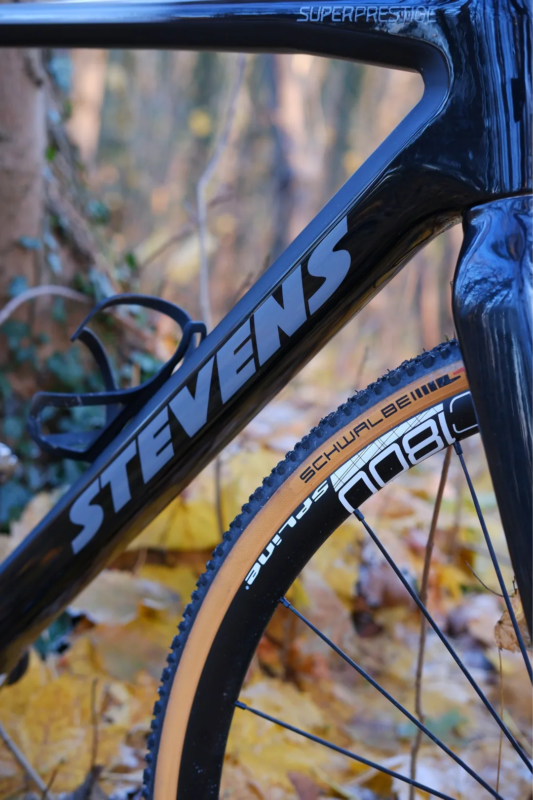 Detail eines schwarzen Stevens Gravelbikes im Wald